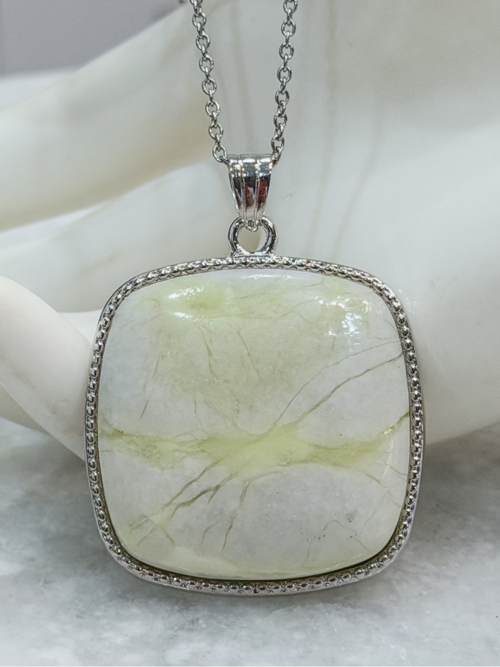 Lime Green Serpentine Silver Inlay Frame Pendant 20” Necklace